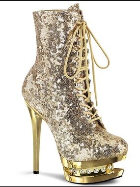 Pleaser Blondie-R 1020 Gold Sequin Platform Booties Size 8